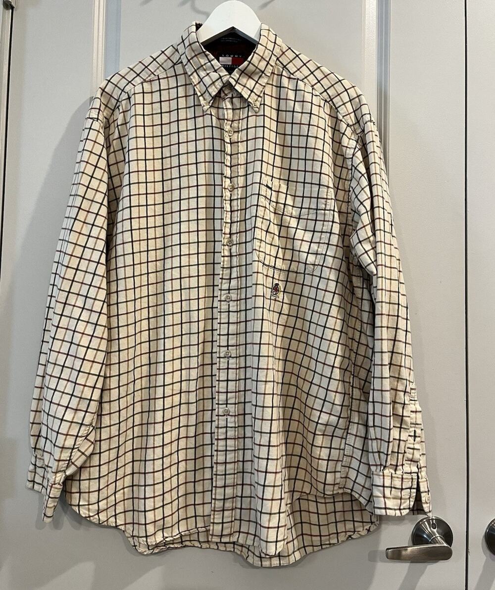 Tommy Hilfiger Classic Fit Beige Plaid Long Sleeve Button-Down L Cotton A1